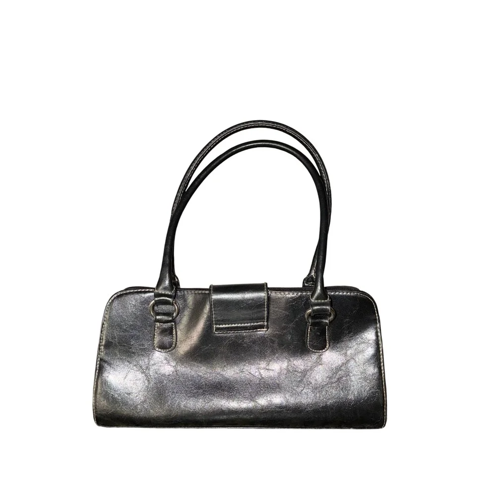 Vintage Y2K Black Faux Distressed Leather Satchel Shoulder Bag Grunge 54644-79